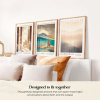 three framed artworks hanging on a wall, each depicting a different scene related to faith and spirituality.