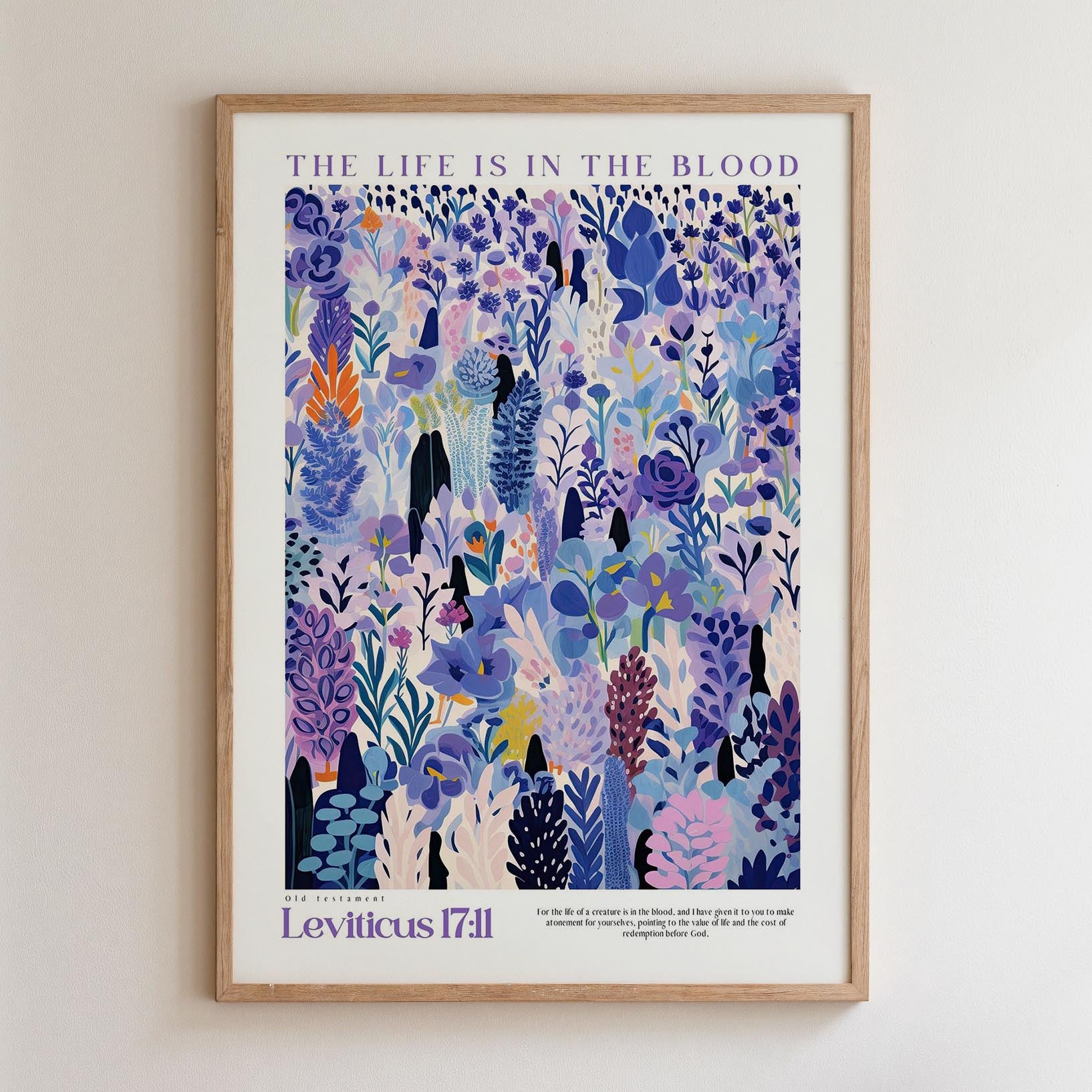 The image is a framed poster with a vibrant, colorful floral and plant-like design.