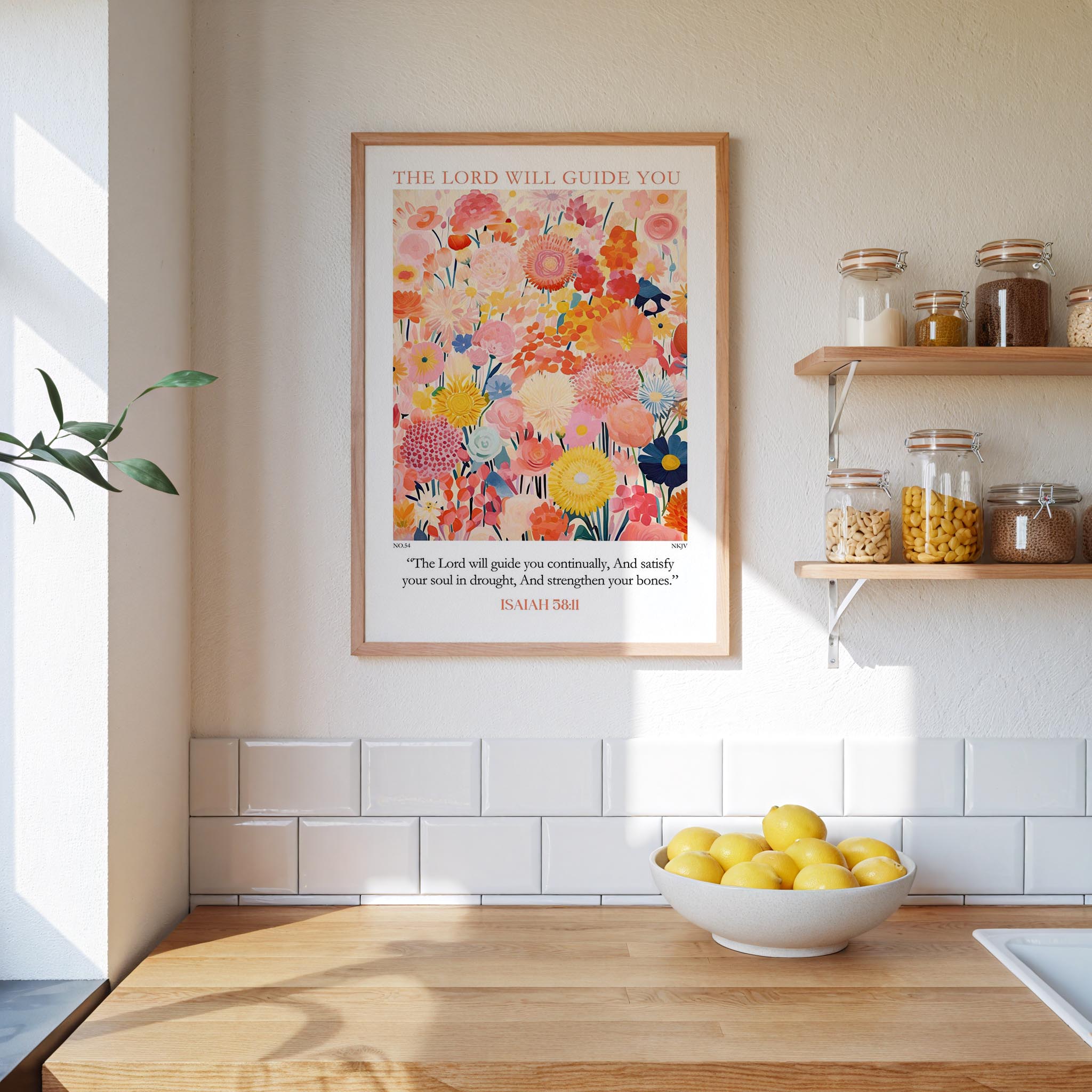A framed poster of a colorful floral design hangs on a wall above a wooden countertop with a bowl of lemons.