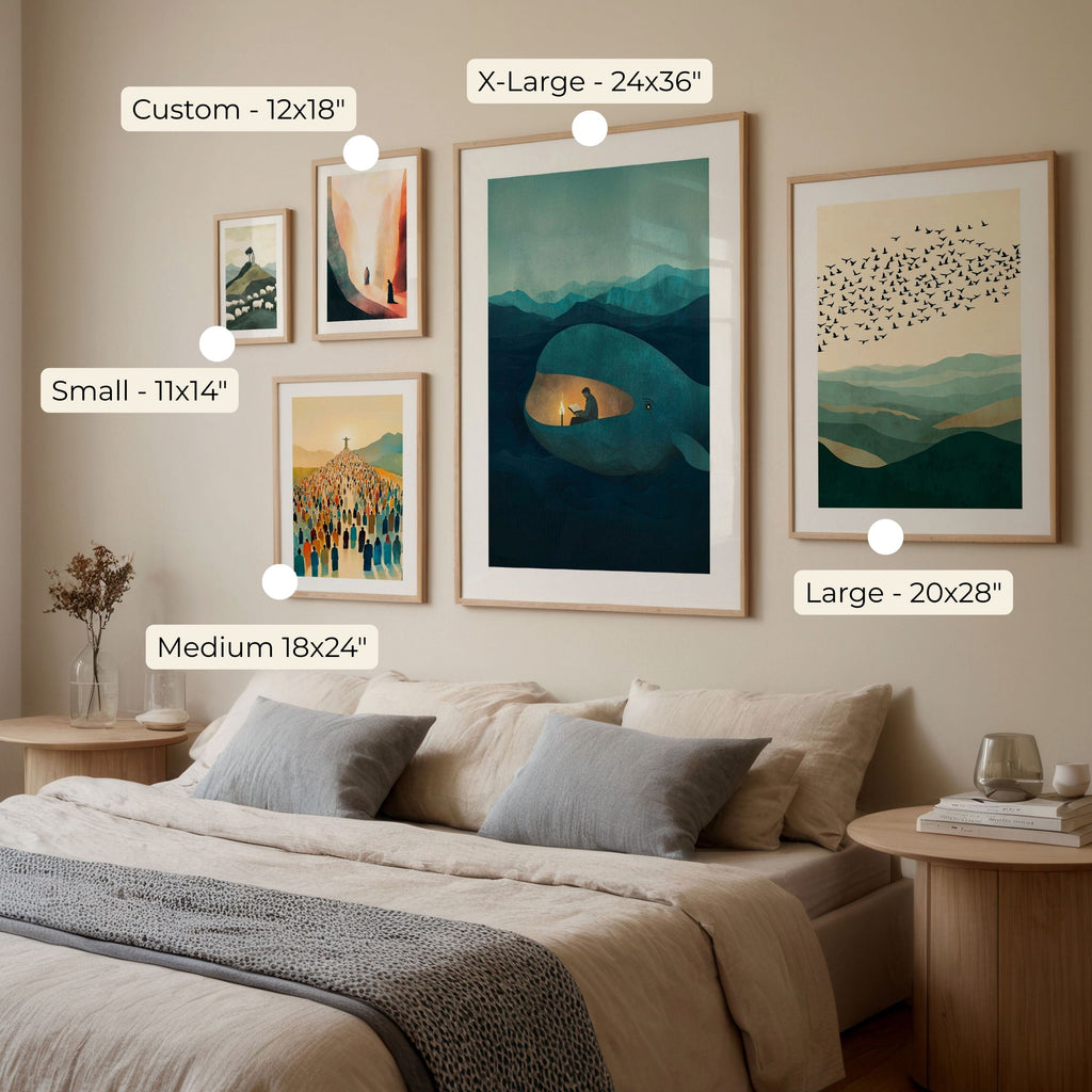 a bedroom with a bed, nightstands, and various framed artworks displayed on the wall.