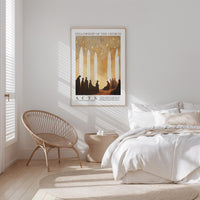 a serene bedroom scene with a bed, a woven chair, and a framed poster on the wall.