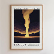 The image is a framed poster depicting a dramatic scene of a massive explosion or volcano, with a bright yellow or orange flame rising from the ground and a dark sky above. The text "THE PILLAR OF FIRE" is prominently displayed at the top, and the text "EXODUS 13:21 Old Testament ( NKJV)" is at the bottom, indicating the biblical context of the image.