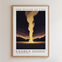 The image is a framed poster depicting a dramatic scene of a massive explosion or volcano, with a bright yellow or orange flame rising from the ground and a dark sky above. The text "THE PILLAR OF FIRE" is prominently displayed at the top, and the text "EXODUS 13:21 Old Testament ( NKJV)" is at the bottom, indicating the biblical context of the image.