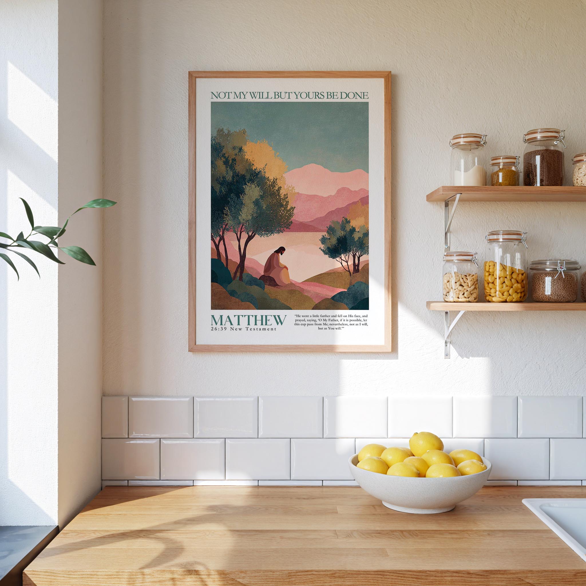 a kitchen scene with a framed poster of a woman sitting in a field, a bowl of lemons, and a shelf with jars and bottles.