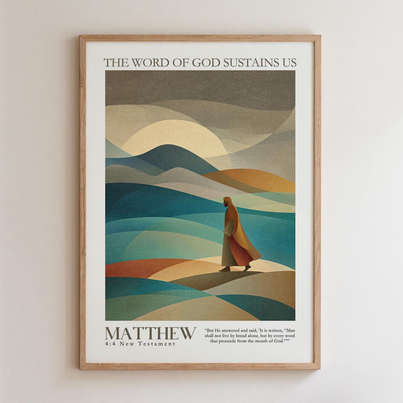 The image is a framed poster depicting a person walking on a beach with mountains in the background. The poster has a minimalist design with a focus on the person and the natural landscape.
