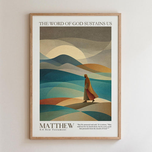 The image is a framed poster depicting a person walking on a beach with mountains in the background. The poster has a minimalist design with a focus on the person and the natural landscape.