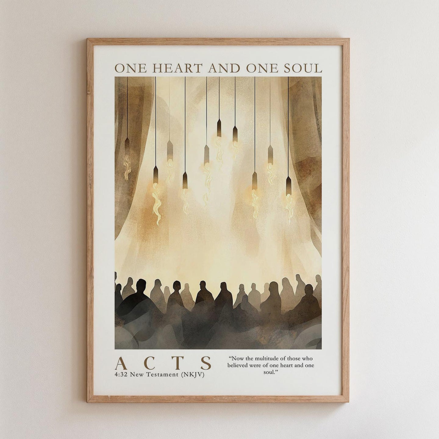 The image is a framed poster with a painting of a group of people in a church setting, along with a quote from the Bible.