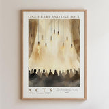 The image is a framed poster with a painting of a group of people in a church setting, along with a quote from the Bible.