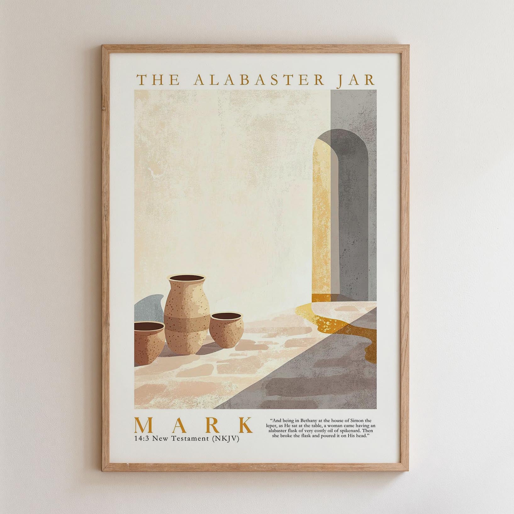 The image is a framed poster with a minimalist design featuring a vase and a doorway.