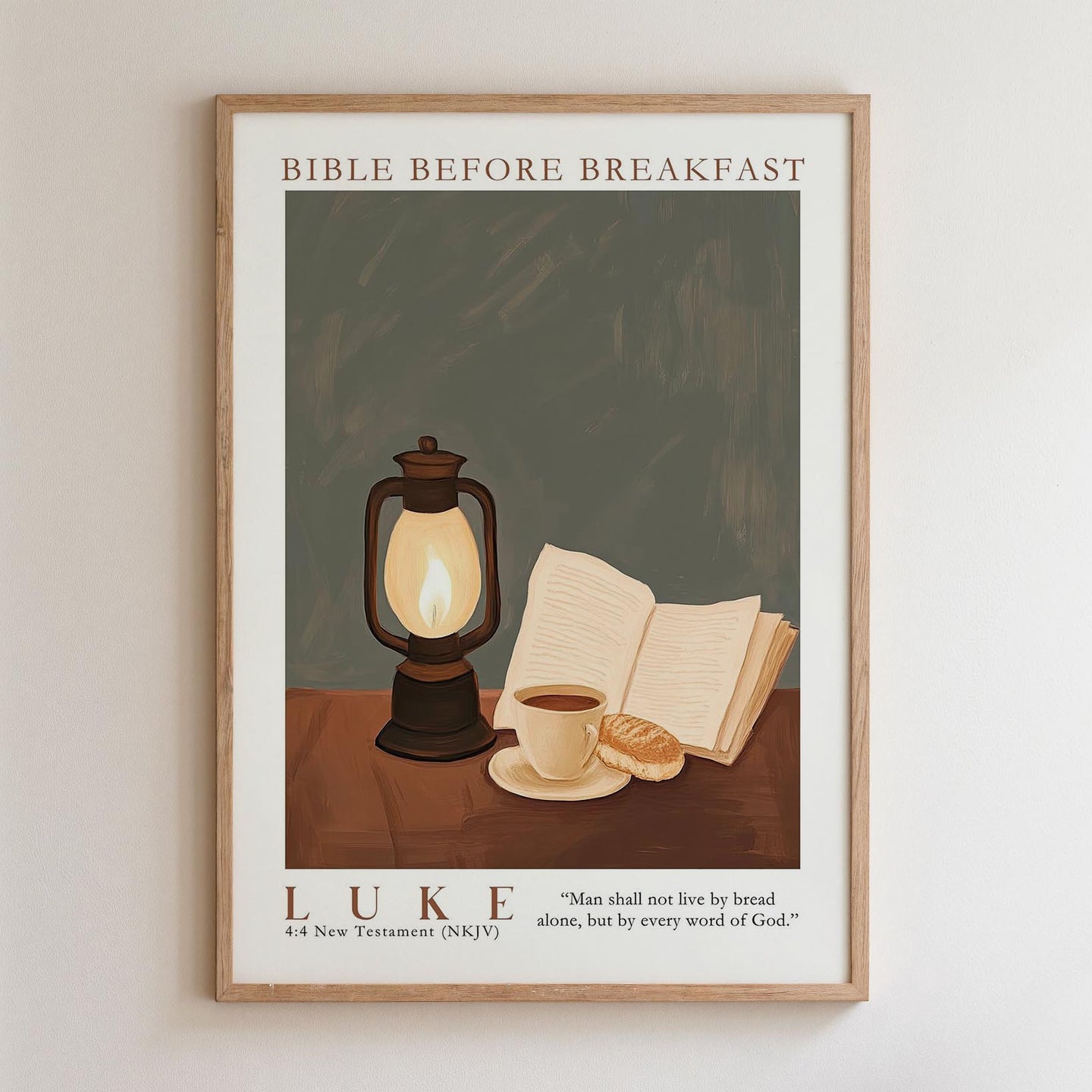 The image is a framed poster depicting a lantern, a cup of coffee, and an open book, with a Bible verse from the 4th New Testament (4KJV) visible.