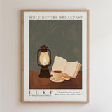 The image is a framed poster depicting a lantern, a cup of coffee, and an open book, with a Bible verse from the 4th New Testament (4KJV) visible.