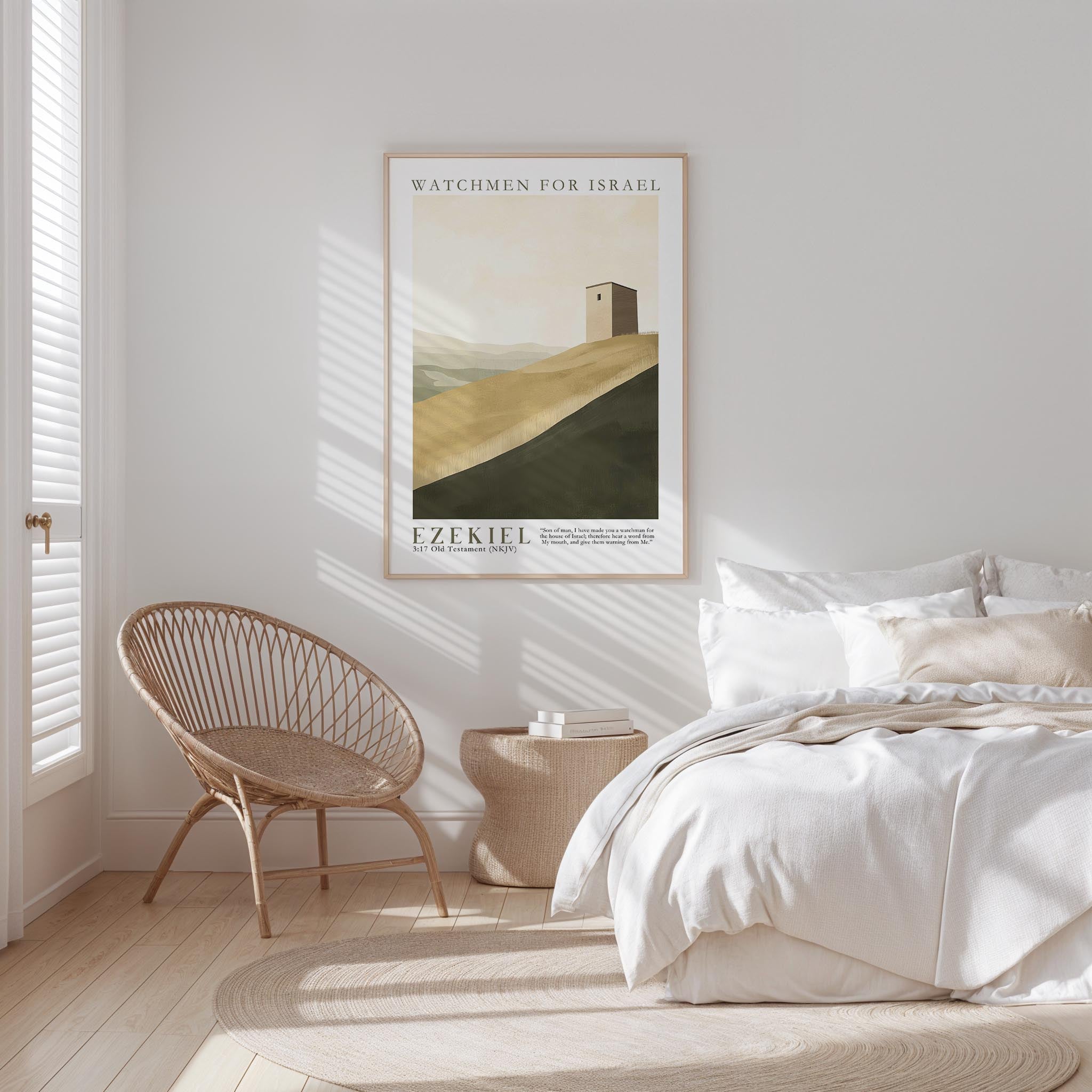 a serene bedroom scene with a bed, a woven chair, and a framed poster of a desert landscape hanging on the wall.