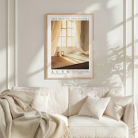 a cozy living room with a white sofa and a framed poster of a window with curtains, creating a warm and inviting atmosphere.