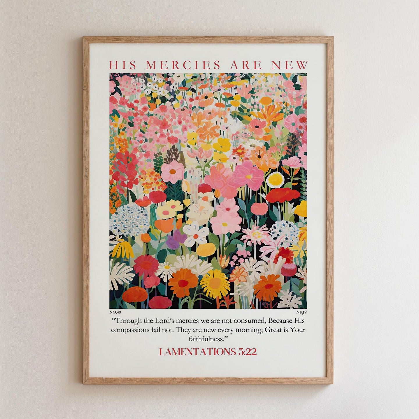 The image is a framed poster with a vibrant floral design and a Bible verse from the book of Proverbs.