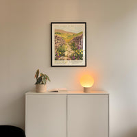 a white cabinet with a potted plant and a lamp on top, and a framed poster of a garden hanging on the wall above it.