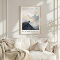 a framed poster of a mountain landscape with a rainbow, hanging on a wall above a white couch with a blanket draped over it.