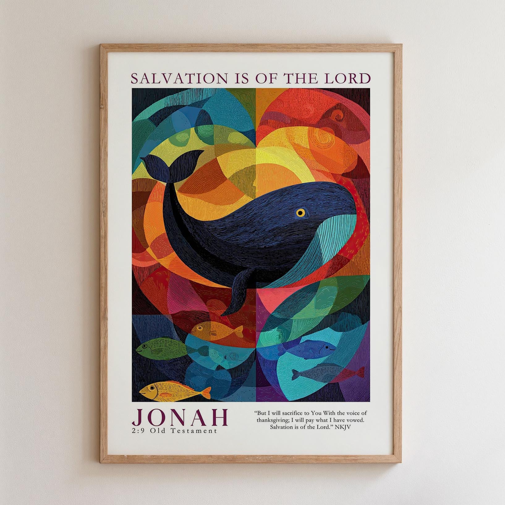 The image is a framed poster featuring a vibrant, abstract illustration of a whale surrounded by colorful geometric shapes and patterns.