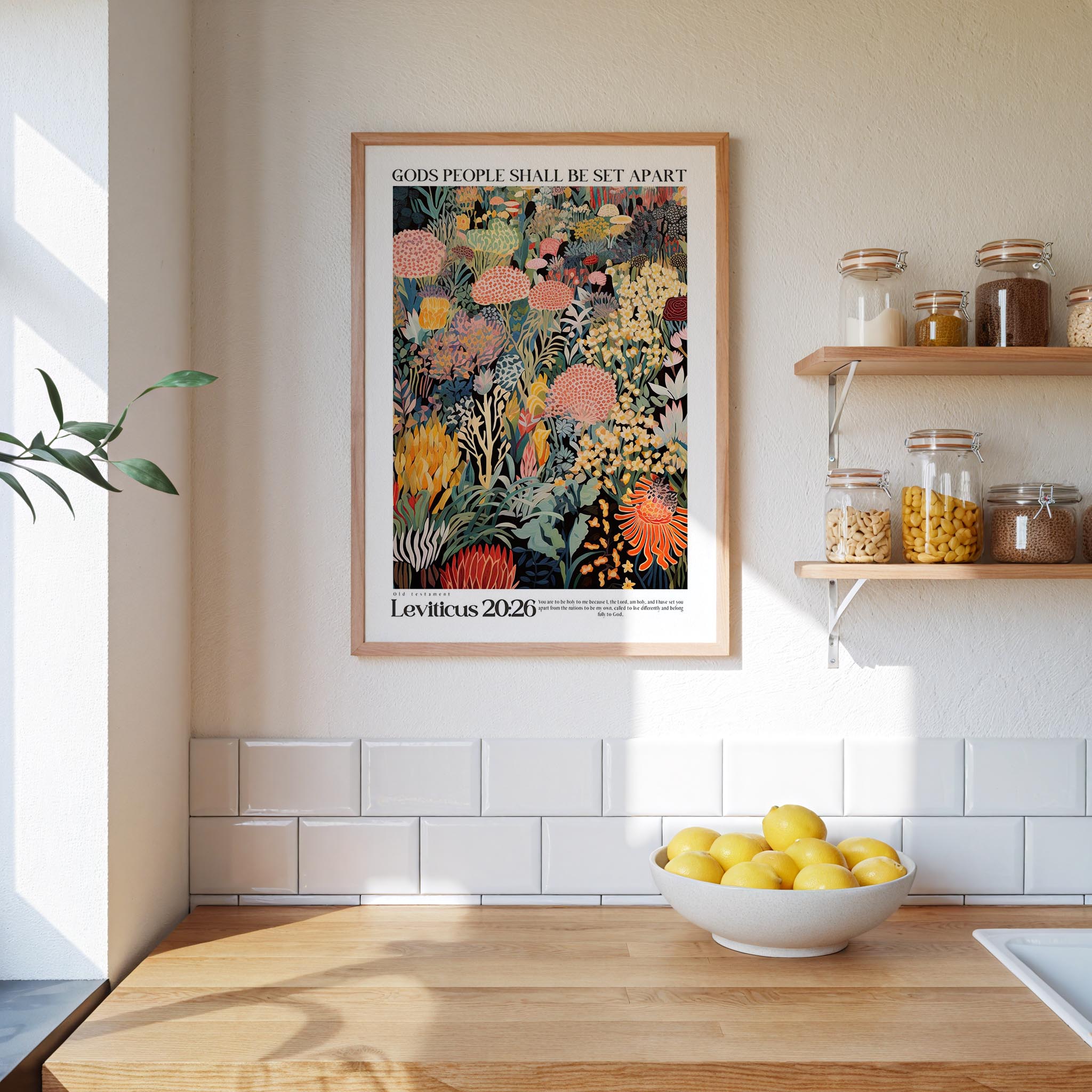 A framed poster of a colorful floral illustration hangs on a wall above a wooden countertop with a bowl of lemons.