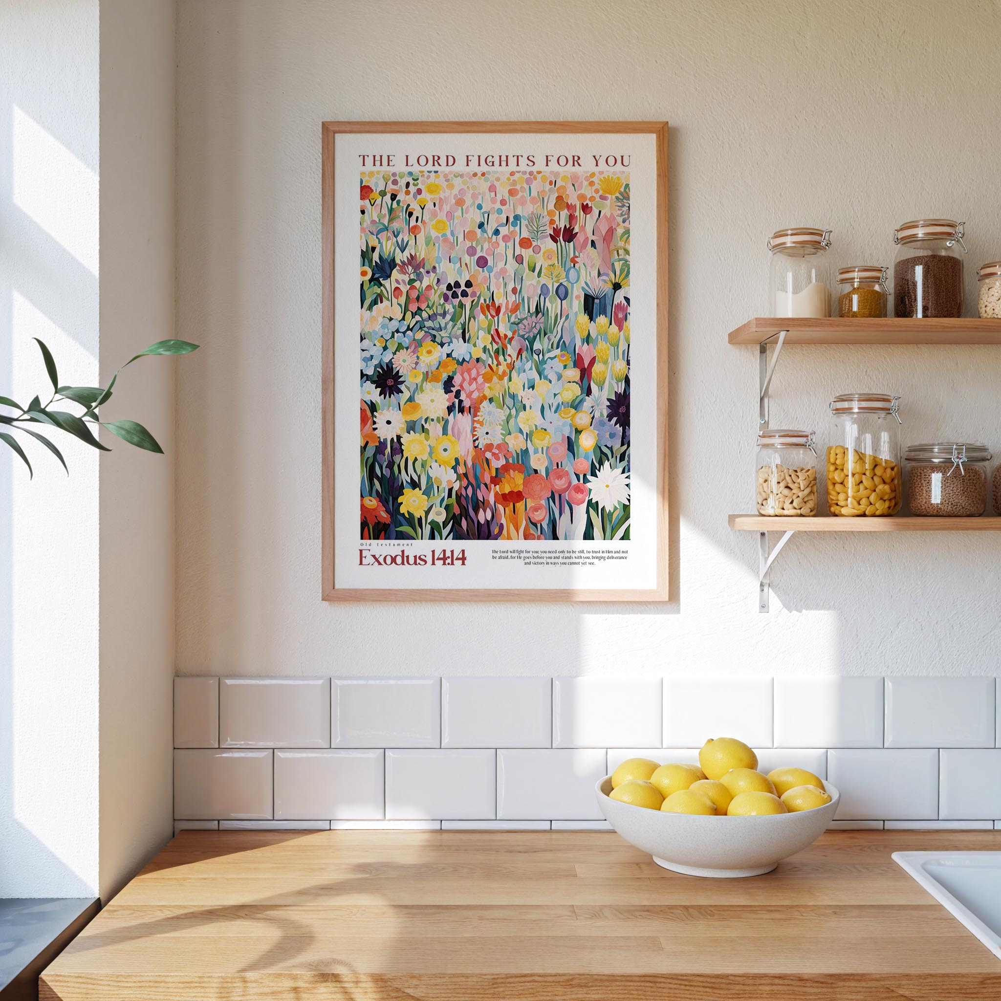 a kitchen scene with a framed poster of a colorful floral design hanging on the wall above a wooden countertop with a bowl of lemons.
