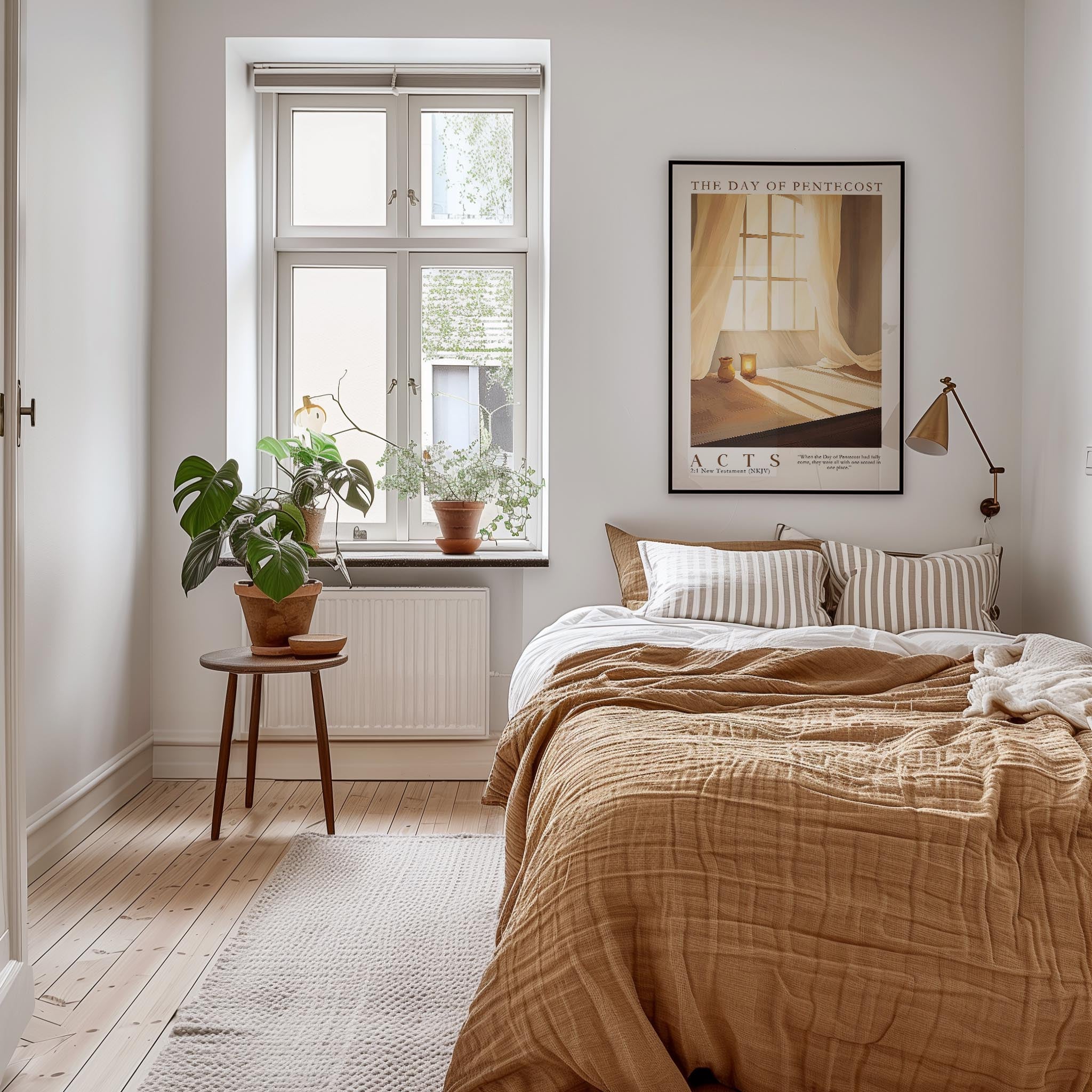 A cozy bedroom with a large bed, a nightstand with a plant, and a framed poster on the wall.