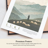 The image is a poster featuring a pastoral scene with a shepherd tending to his flock of sheep in a mountainous landscape.