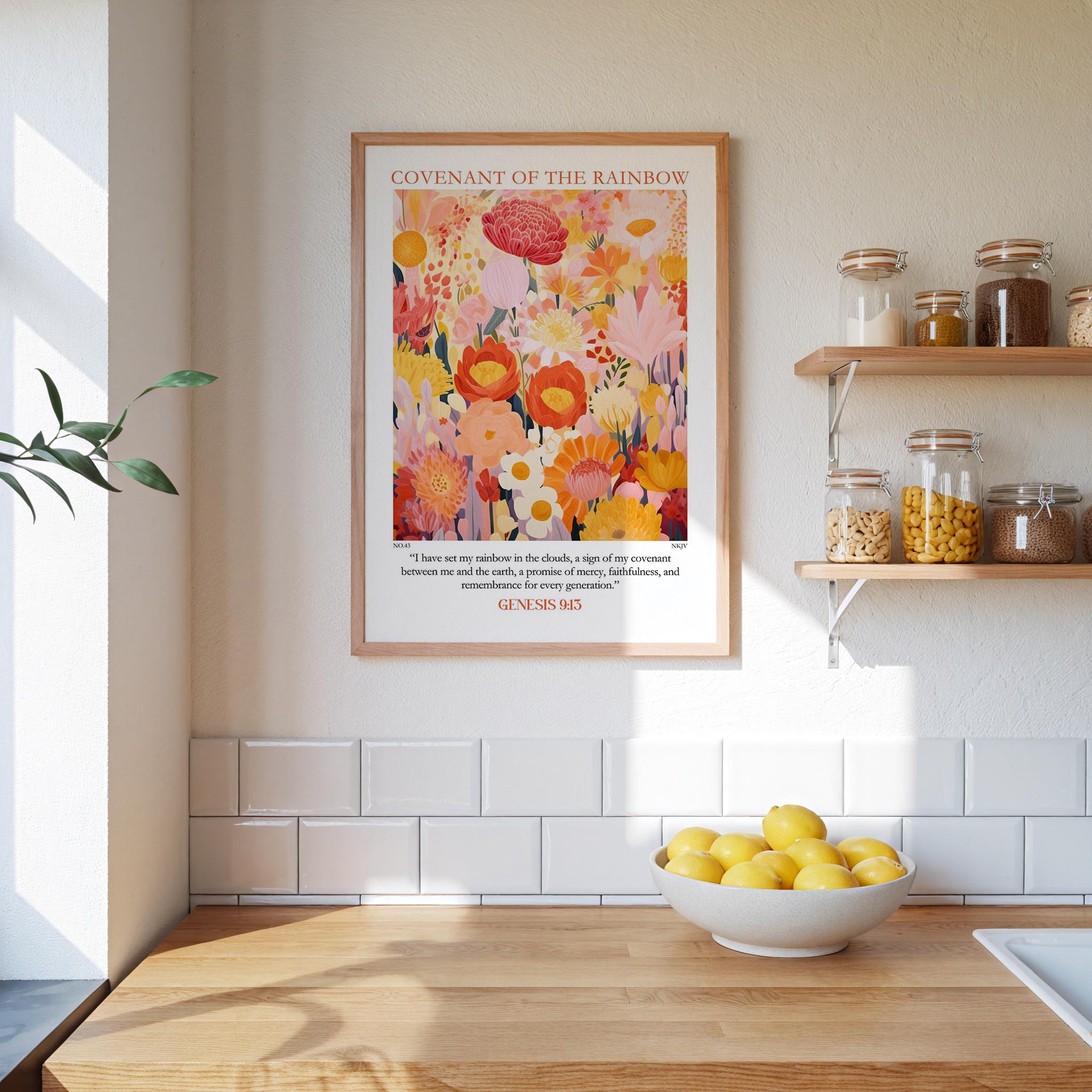 a kitchen scene with a framed poster of a colorful floral design hanging on the wall above a wooden countertop with a bowl of lemons.