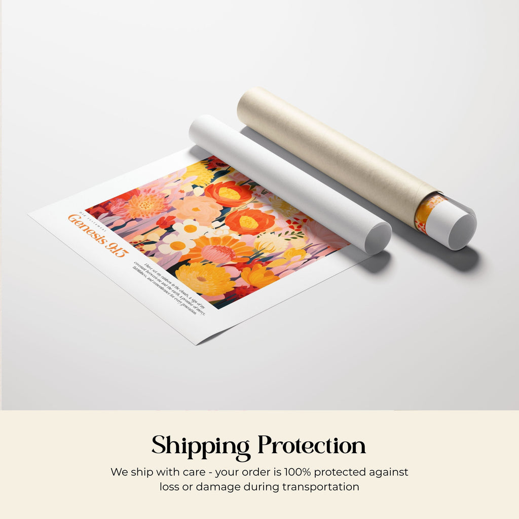 a vibrant floral print and a cardboard tube, with the text "Shipping Protection" and "We ship with care - your order is 100% protected against loss or damage during transportation" displayed below the items.