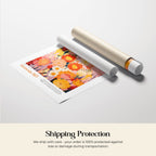 a vibrant floral print and a cardboard tube, with the text "Shipping Protection" and "We ship with care - your order is 100% protected against loss or damage during transportation" displayed below the items.