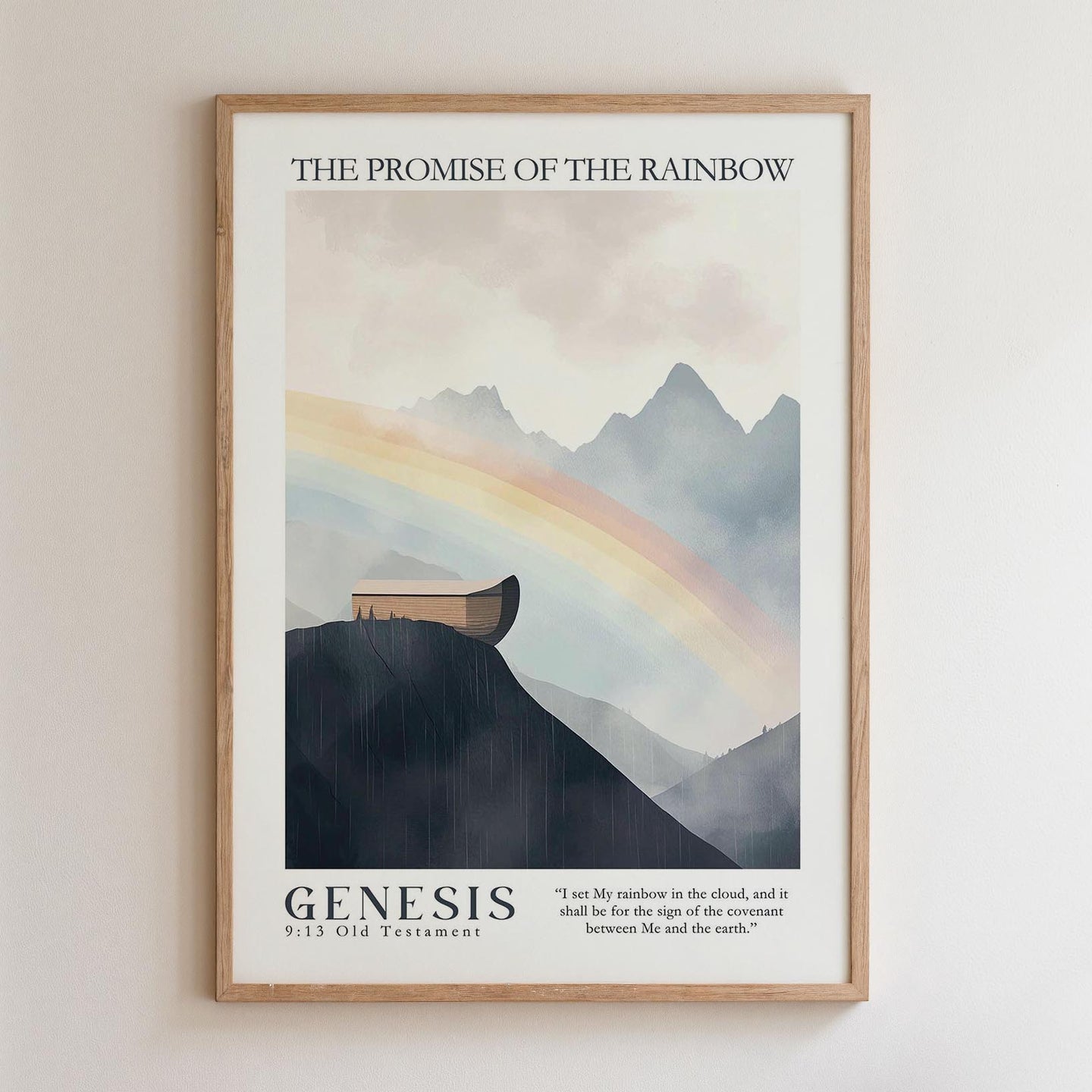 The image is a framed poster depicting a mountainous landscape with a rainbow arching over a valley. The text on the poster reads "The Promise of the Rainbow" and "Genesis 9:13 Old Testament".