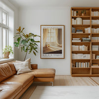 a cozy living room with a large window, a comfortable leather sofa, a wooden bookshelf filled with books, and a framed poster on the wall.