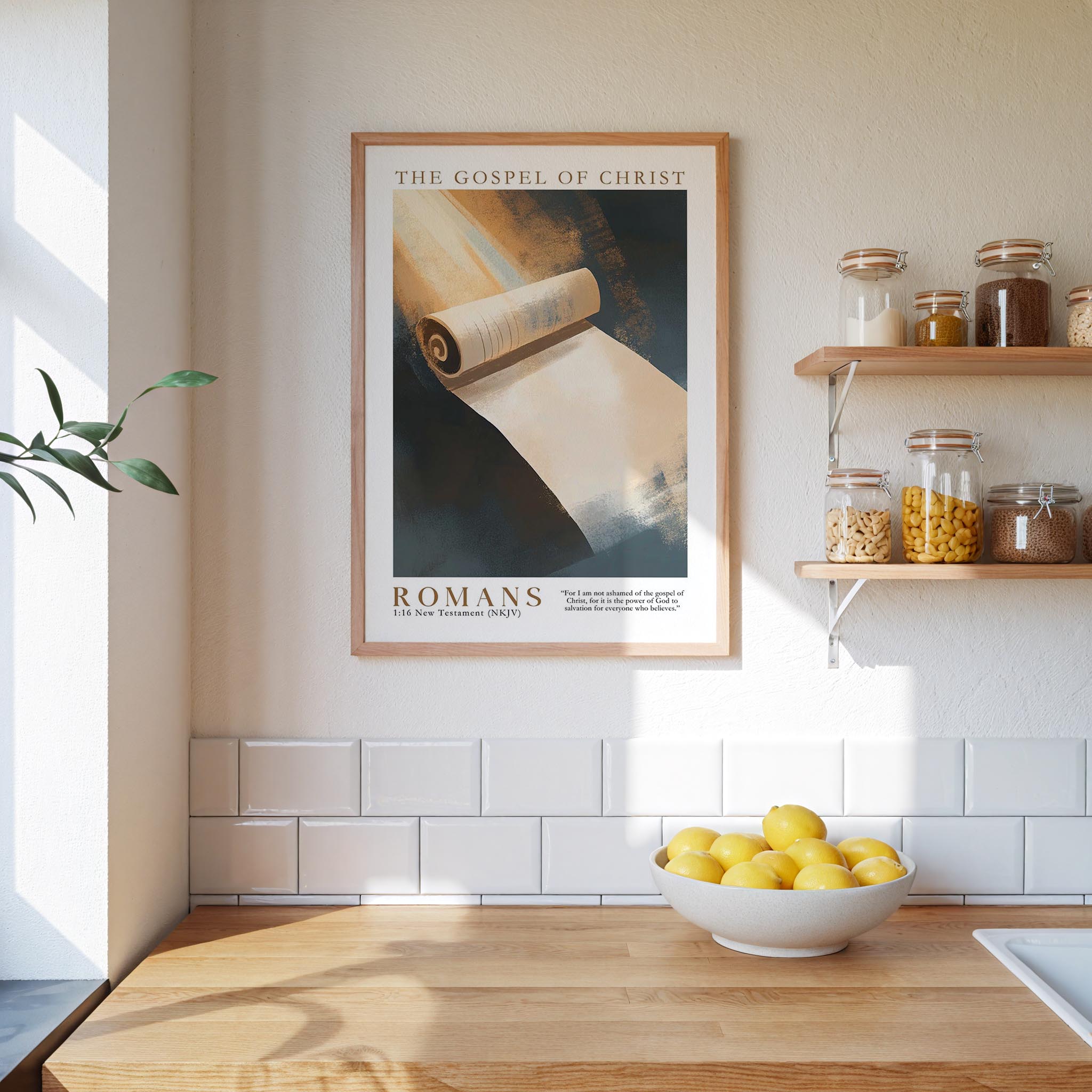 a kitchen counter with a bowl of lemons, a framed poster of a scroll, and a shelf with jars and other kitchen items.