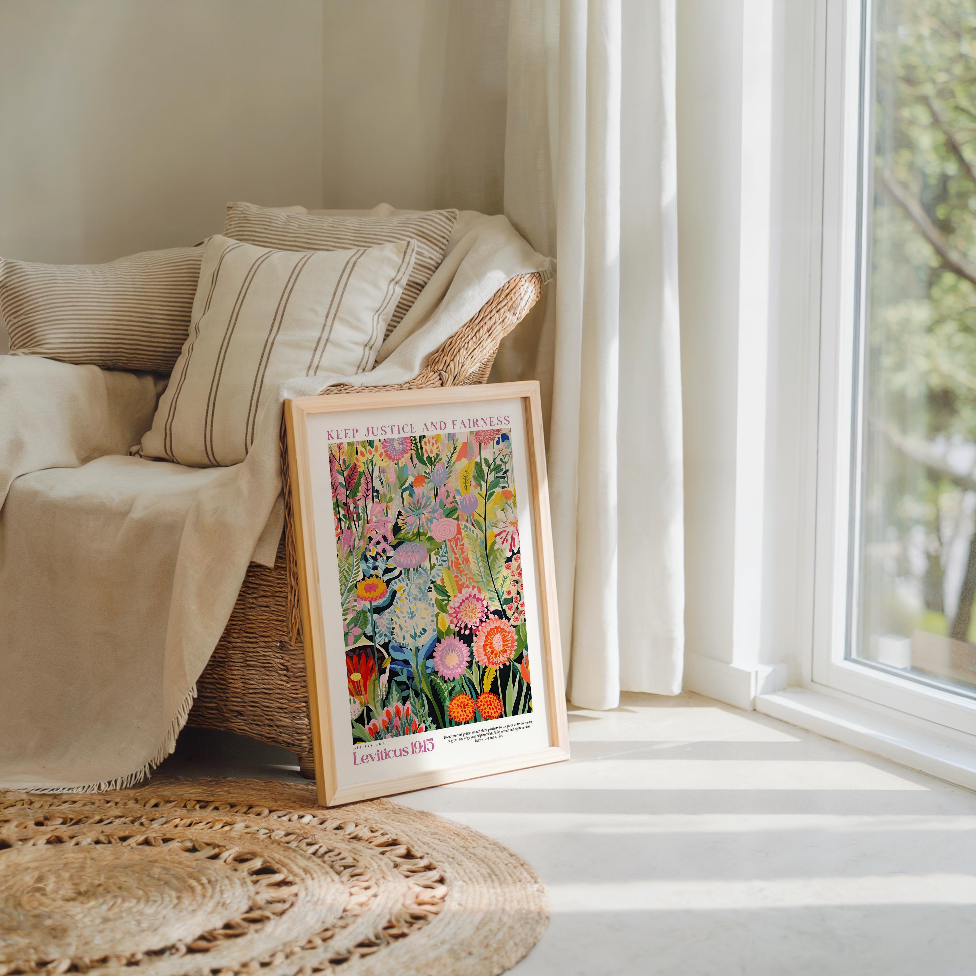 A framed poster of a colorful floral design is propped up against a beige armchair in a cozy living room, with a large window and a woven rug visible in the background.