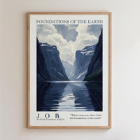 The image is a framed poster depicting a serene landscape with a lake and mountains in the background. The poster has a minimalist design with a focus on the natural scenery.