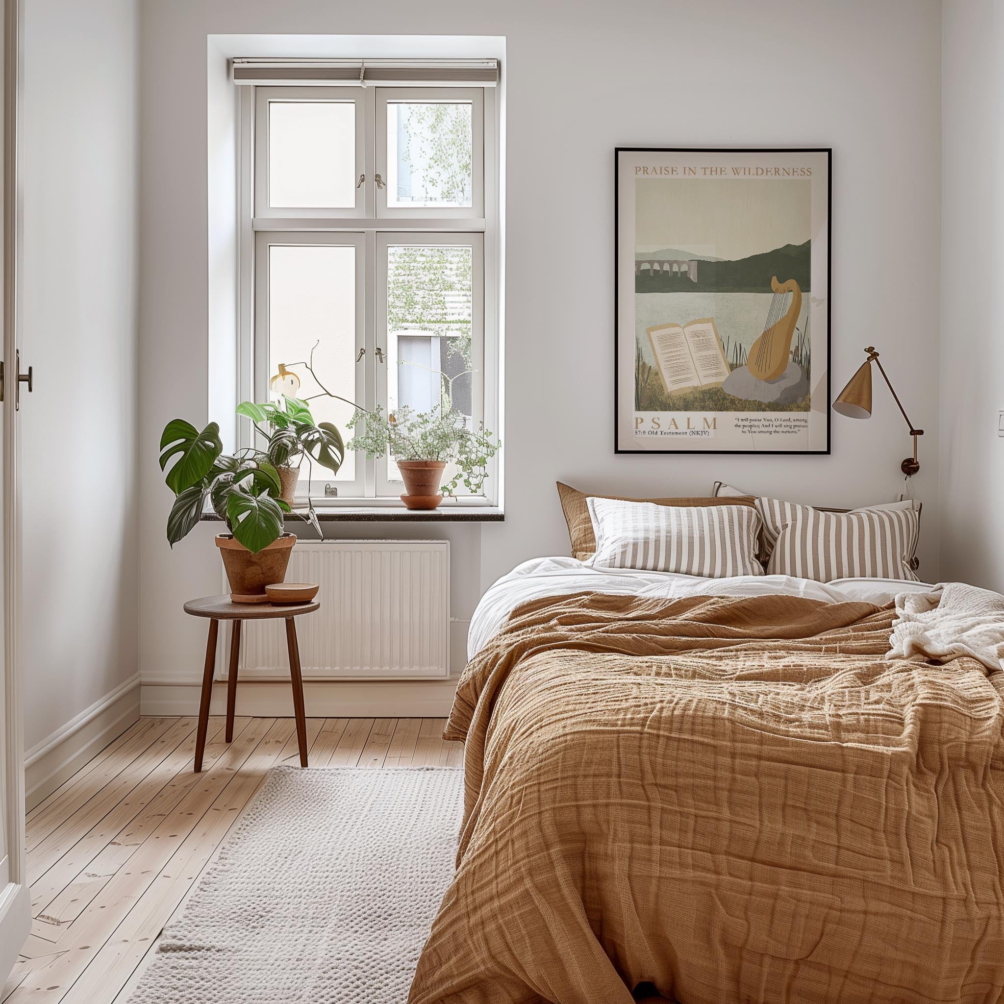 A cozy bedroom with a large bed, a nightstand, and a framed poster on the wall. The room has a warm, inviting atmosphere with natural light coming through a window and a potted plant on the windowsill.