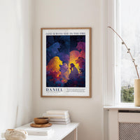A framed poster of a colorful illustration hangs on a wall, depicting a group of people in a vibrant, abstract scene.