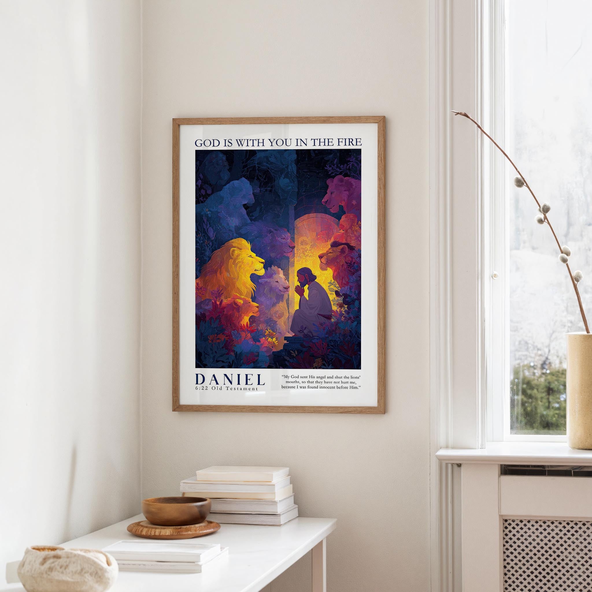 A framed poster of a colorful illustration hangs on a wall, depicting a group of people in a vibrant, abstract scene.