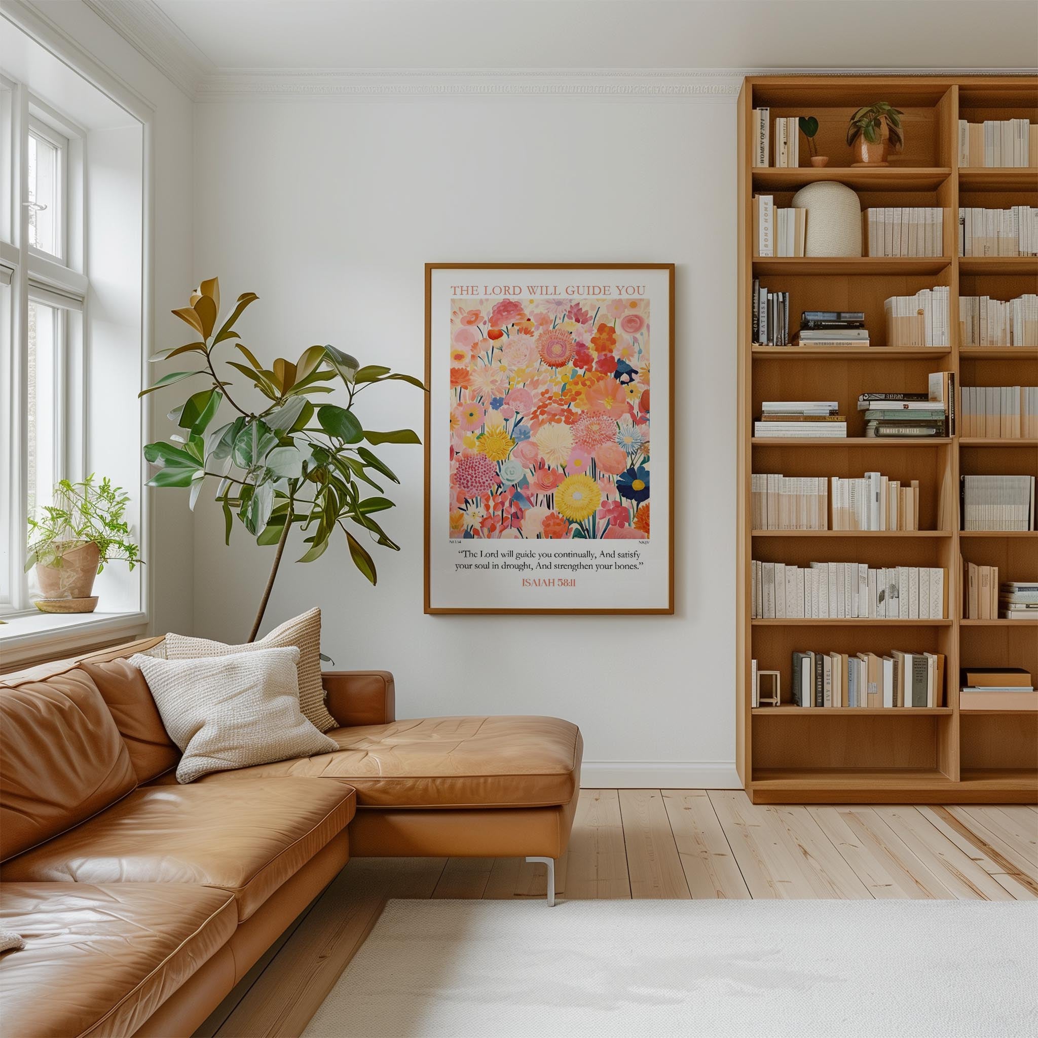 a cozy living room with a brown leather sofa, a large bookshelf filled with books, and a vibrant floral poster on the wall.