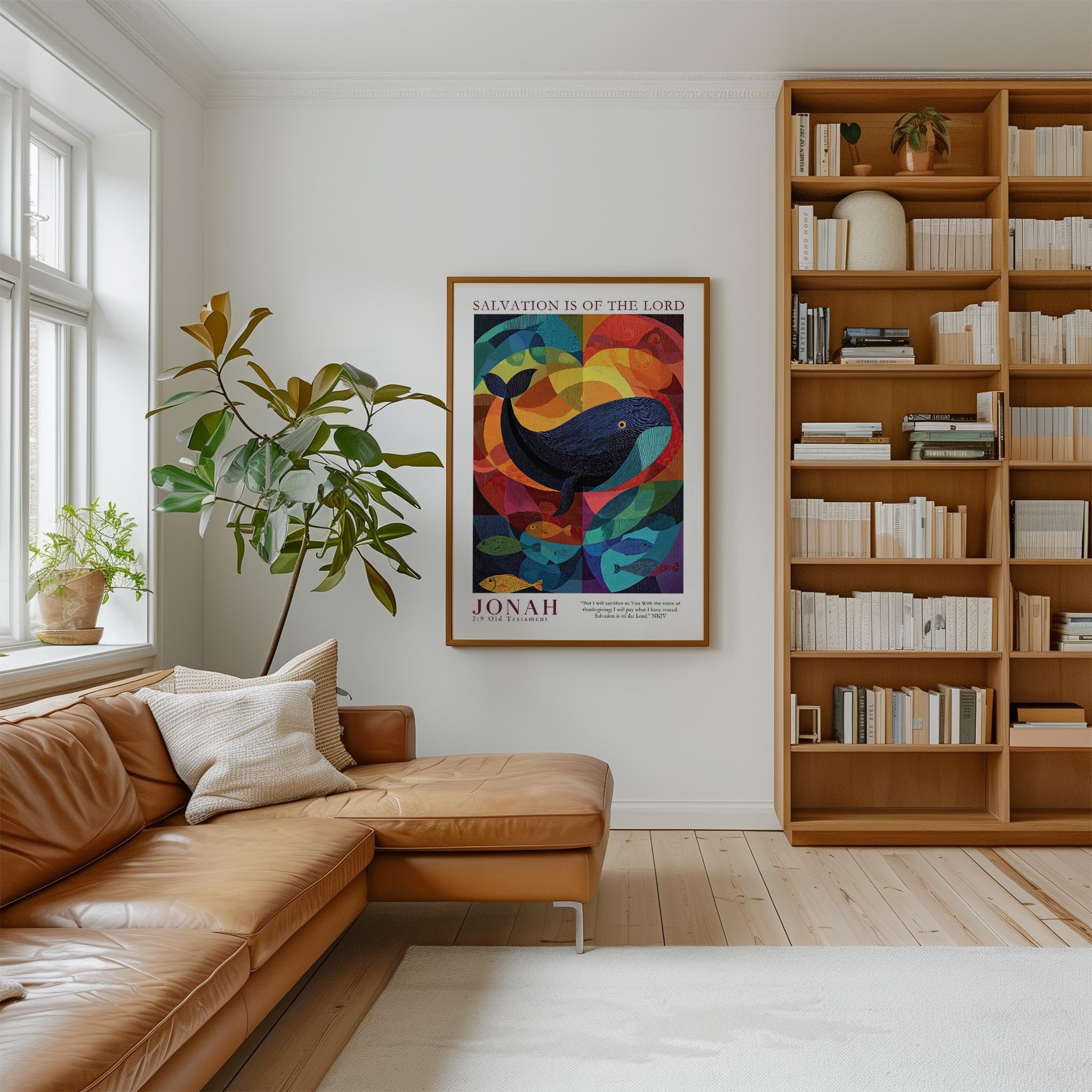 a cozy living room with a large bookshelf filled with books, a comfortable leather couch, and a vibrant abstract painting hanging on the wall.