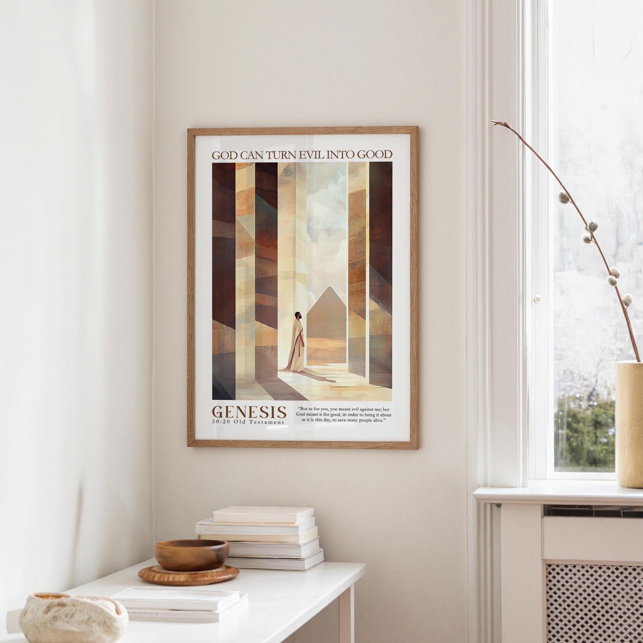 a framed poster of a person standing in a hallway, with a text overlay that reads "God can turn evil into good".