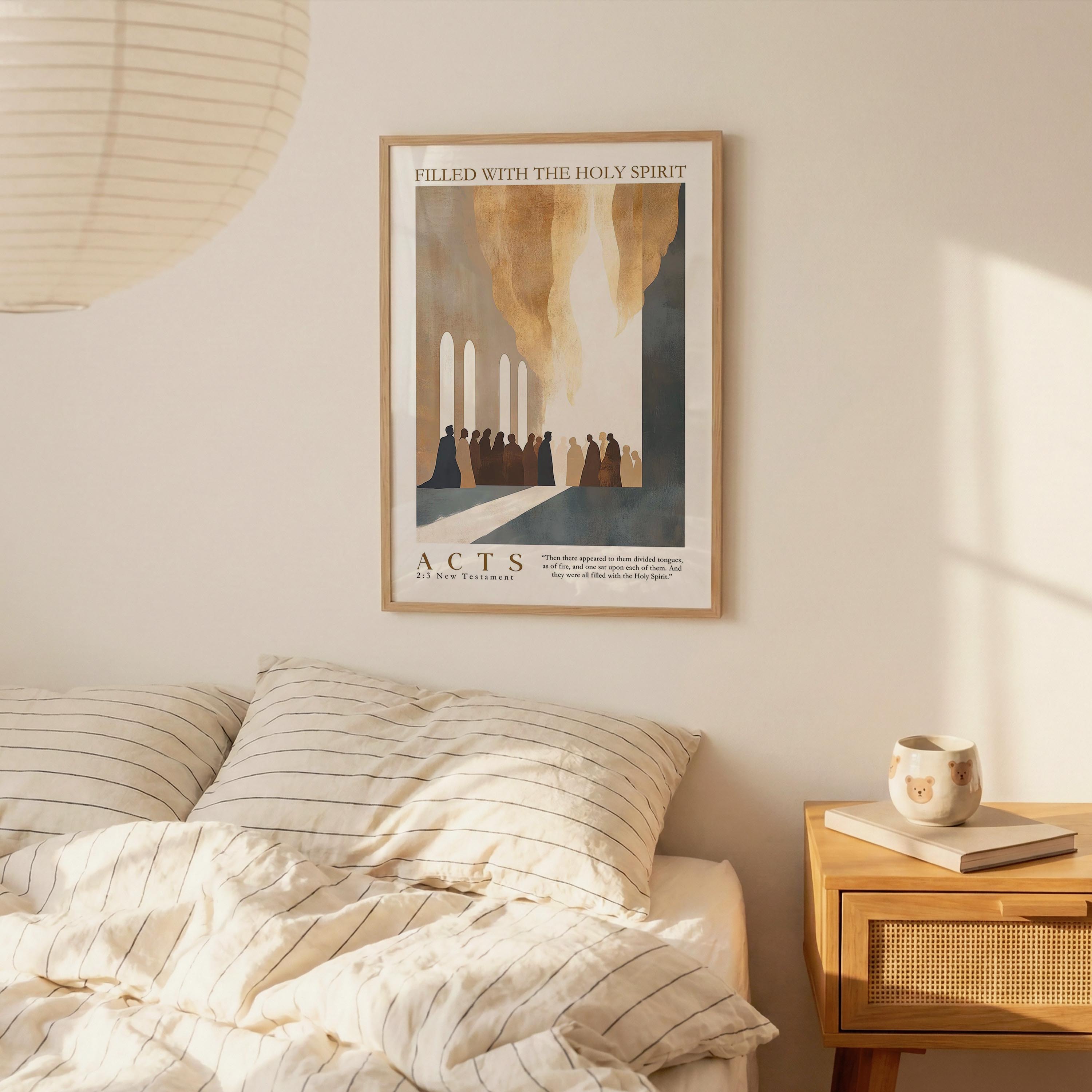 a bedroom scene with a framed poster of a religious scene hanging on the wall above a bed with striped bedding.