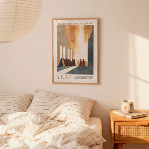 a bedroom scene with a framed poster of a religious scene hanging on the wall above a bed with striped bedding.
