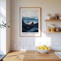 a framed poster of a person meditating on a mountain, with a bowl of lemons and a shelf of jars nearby.