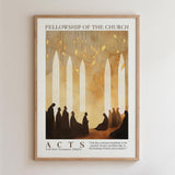 The image is a framed poster with a painting of a group of people in a church, along with a quote from the Bible.