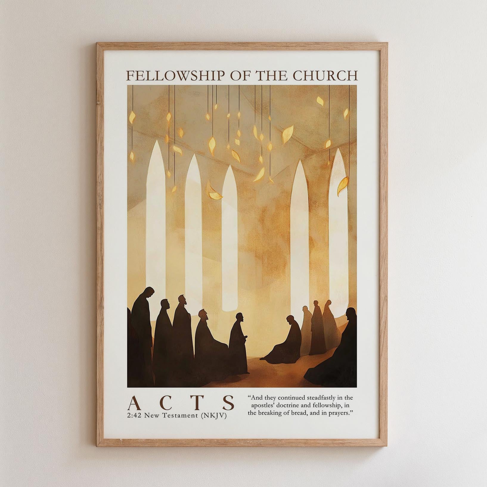 The image is a framed poster with a painting of a group of people in a church, along with a quote from the Bible.