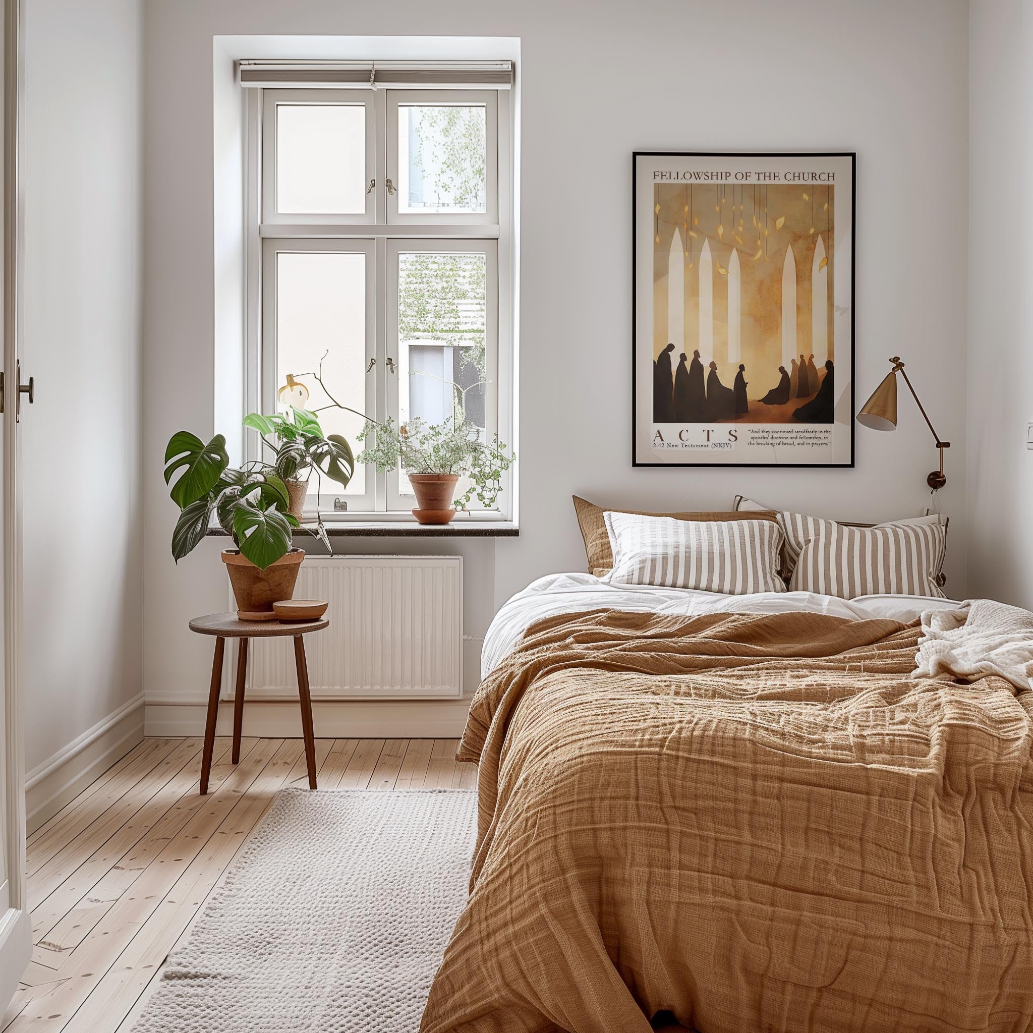 a cozy bedroom with a large bed, a nightstand, and a potted plant. The room has a warm, inviting atmosphere with a wooden floor and a window overlooking the outside.
