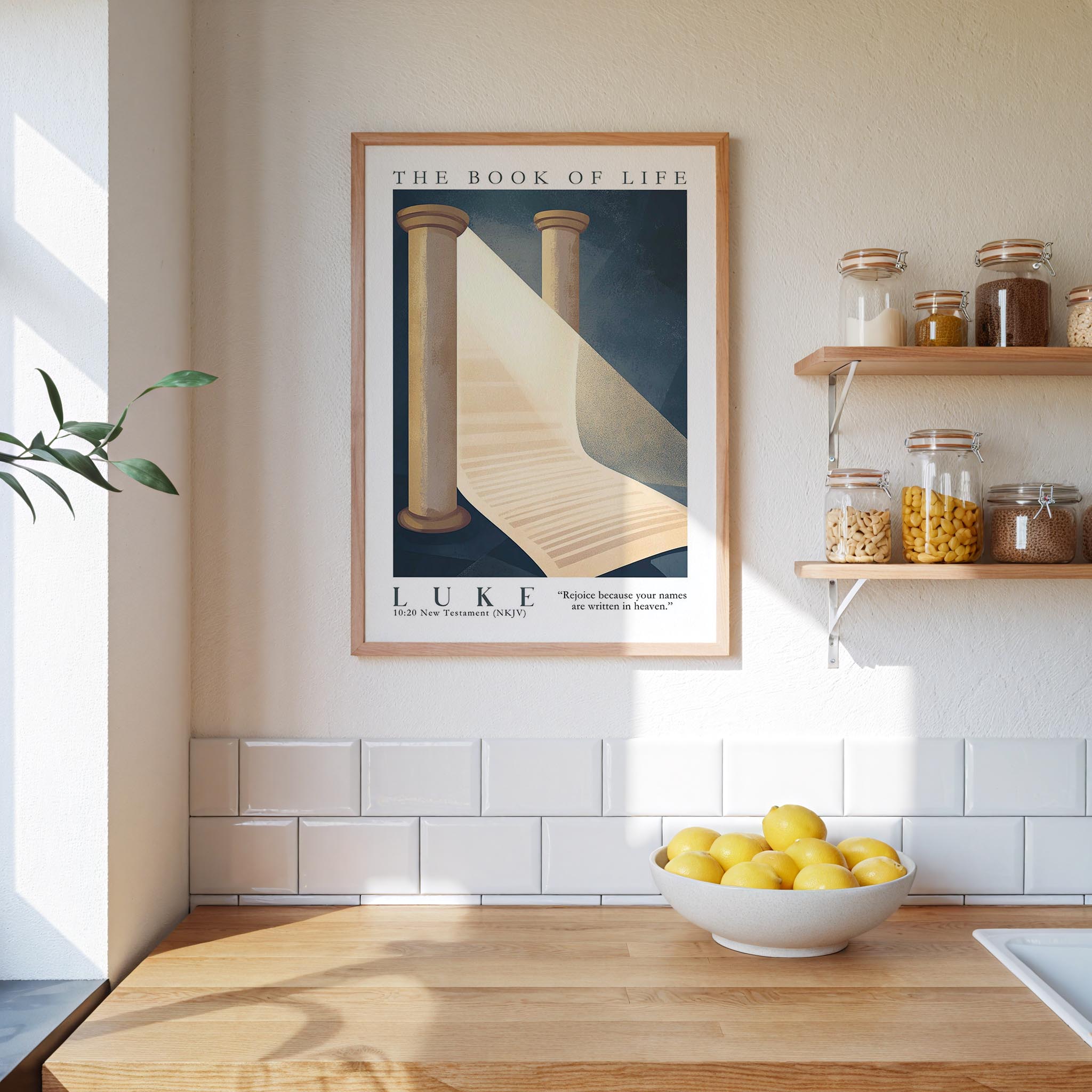 a framed poster of a staircase leading up to a white curtain, hanging on a wall above a wooden counter with a bowl of lemons.