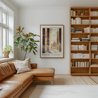 a cozy living room with a large bookshelf filled with books, a comfortable leather sofa, and a potted plant. A framed poster of a woman is hanging on the wall, and the room has a warm, inviting atmosphere.