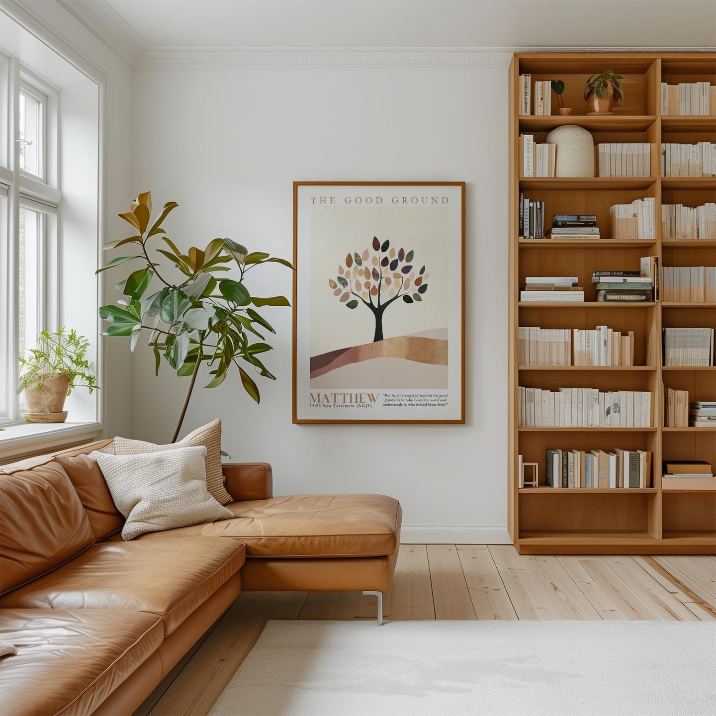 a cozy living room with a large bookshelf filled with books, a comfortable leather sofa, and a large abstract tree poster on the wall.