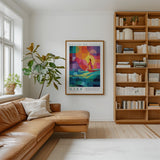 a cozy living room with a large bookshelf filled with books, a comfortable leather couch, and a vibrant abstract painting hanging on the wall.