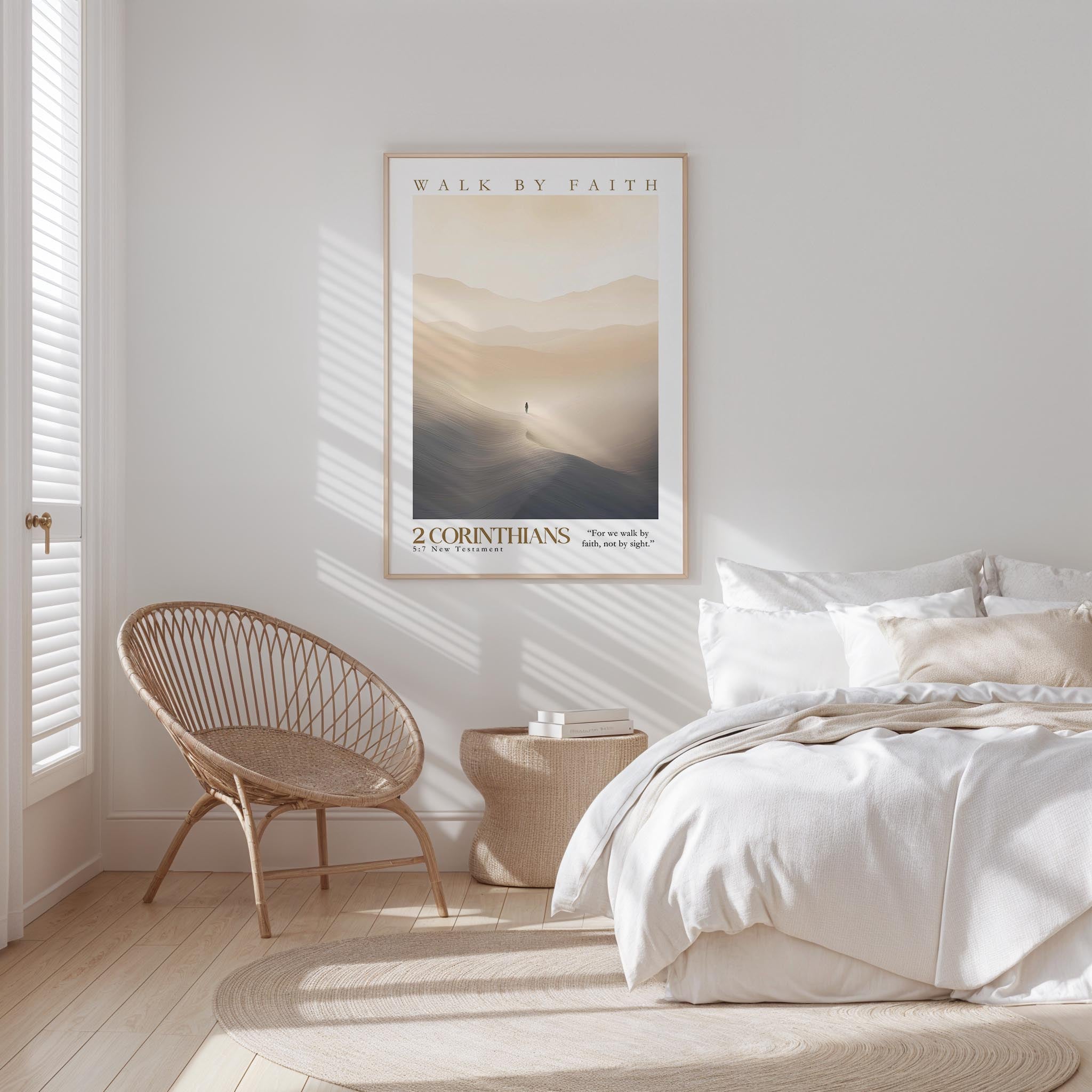A serene bedroom scene with a bed, a woven chair, and a framed poster of a desert landscape with a lone figure walking through it.